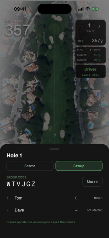 Live group board during a round: Tom level par through 6, Dave not started